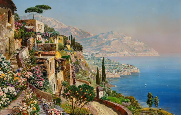 Flowers, Home, Mountains, Trees, Picture, Coast, Alois Arnegger, Alois Arnegger