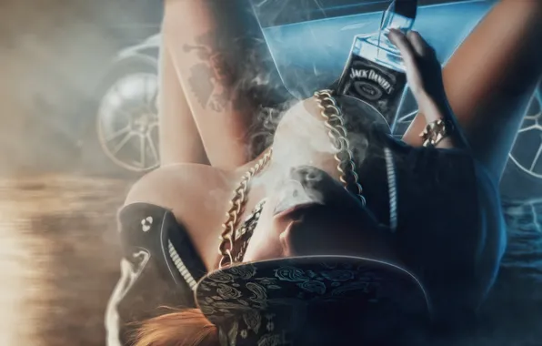 Chest, girl, passion, smoke, bottle, tattoo, chain, legs