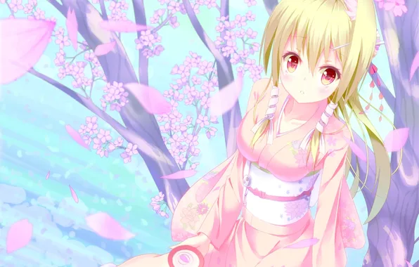 Picture girl, tree, anime, petals, Sakura, art, kimono, ears