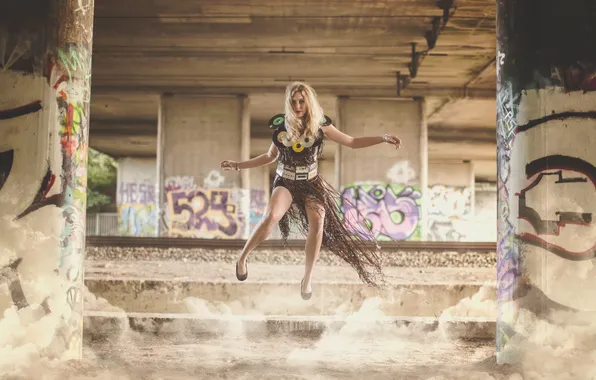 Girl, jump, posts, blonde, steps, drives