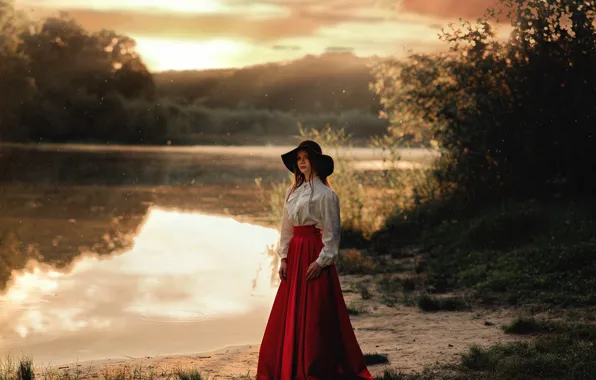 Summer, girl, landscape, clouds, nature, glare, reflection, shore