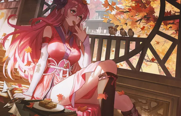 Autumn, girl, weapons, food, sparrows, maples