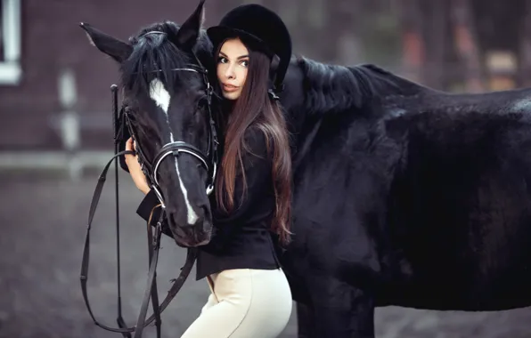 Girl, horse, black, horse, makeup, figure, hairstyle, brown hair