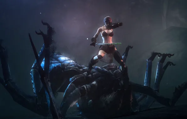 Girl, rendering, weapons, fiction, victory, giant spider