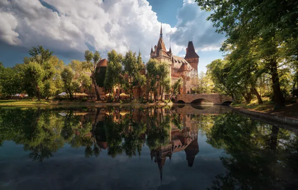 The sky, water, clouds, bridge, the city, pond, river, castle