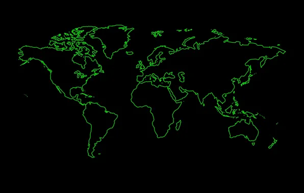 Green, the world, black background, world map