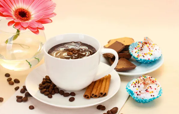 Flowers, coffee, food, chocolate, Cup, cake, cake, flower