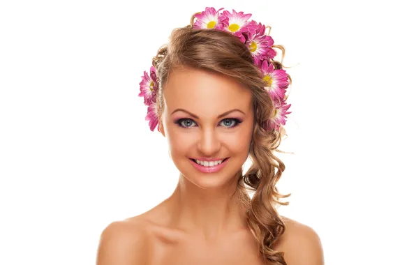 Picture girl, flowers, face, smile, portrait, makeup, hairstyle, white background