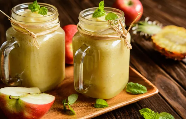 Leaves, apples, mug, fruit, pineapple, bokeh, smoothies
