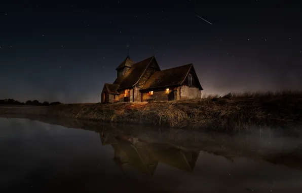 Picture home, reflection, fog, shore, lights, pond, night, stars