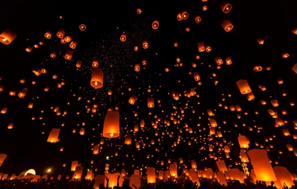 Picture the sky, night, lights, red, air, lanterns, fire
