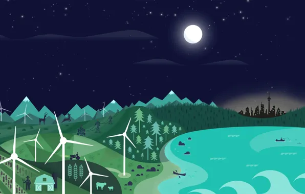 Forest, the sky, landscape, mountains, the city, lake, the moon, vector