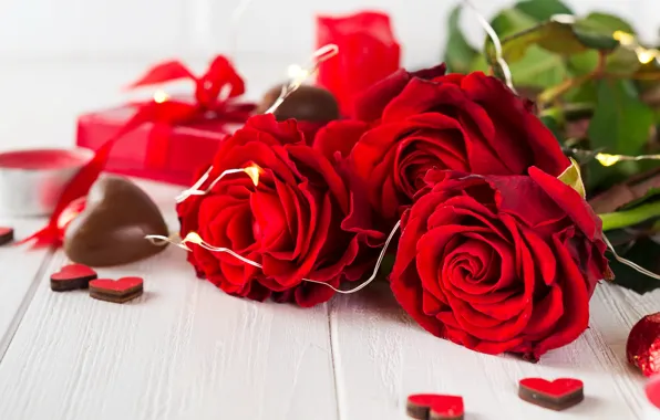 Gift, chocolate, roses, candy, hearts, red, red, love