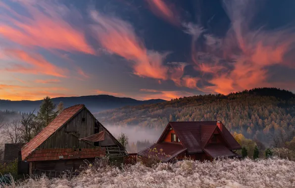 Picture autumn, landscape, mountains, nature, fog, dawn, hills, home