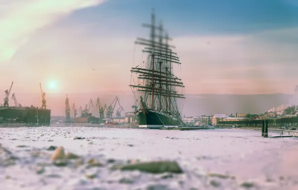 Picture winter, morning, Saint Petersburg, barque Sedov