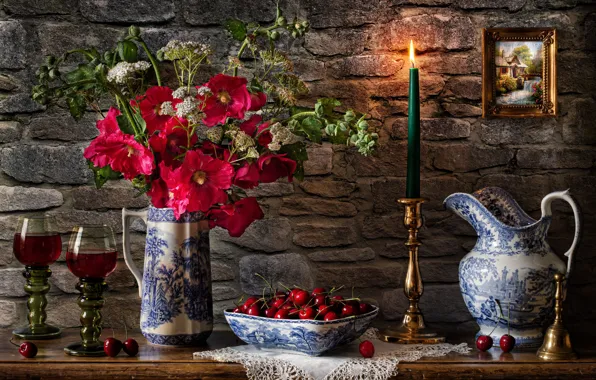 Picture flowers, cherry, style, berries, candle, glasses, pitcher, still life
