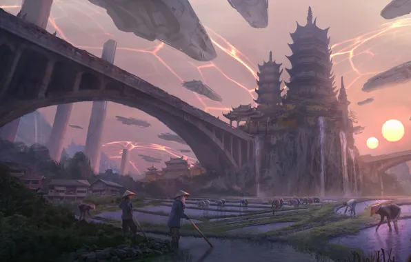 Sunset, castle, fantasy, fiction, China, art, Empire, spaceship