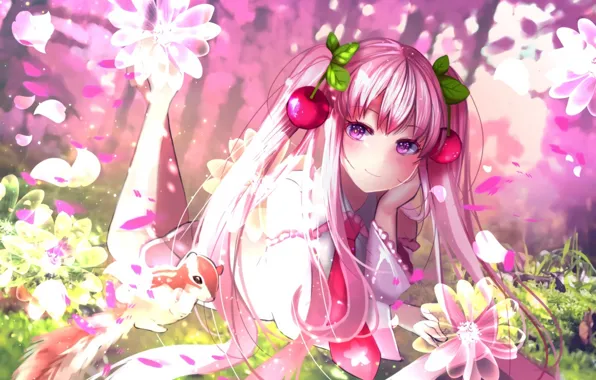 Picture animals, girl, flowers, smile, anime, art, vocaloid, cherries
