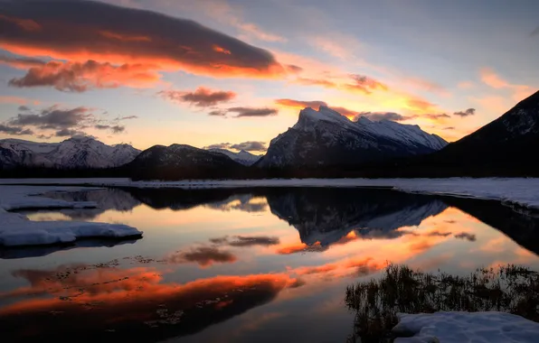 Snow, sunset, mountains, lake, USA, Alberta, Banff, Vermilion Lakes