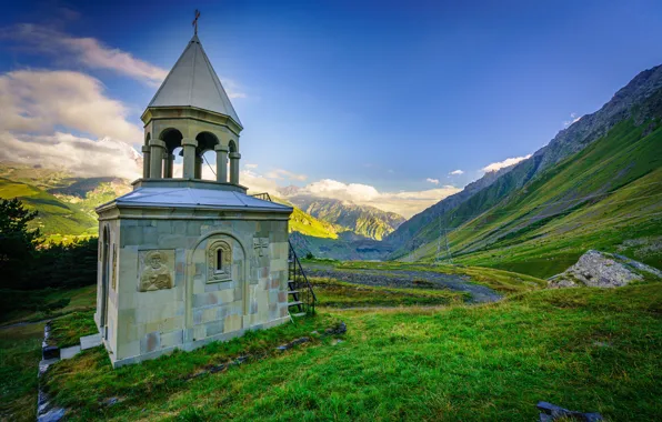 Clouds, mountains, Church, Georgia, Oni, Ioane Natlismcemeli, Stepantsminda