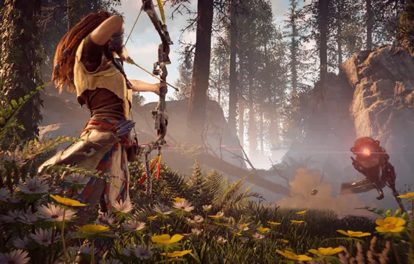 The sky, Girl, Mountains, Robot, Trees, Bow, Horizon, Hunter