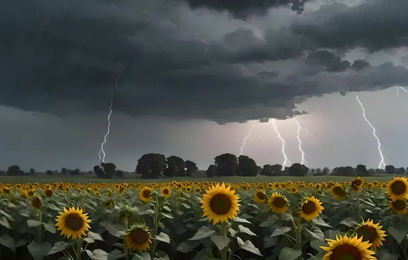 The storm, field, summer, sunflowers, flowers, clouds, lightning, AI art
