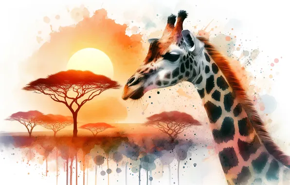 Look, face, paint, portrait, giraffe, white background, imitation of watercolor, imitation painting