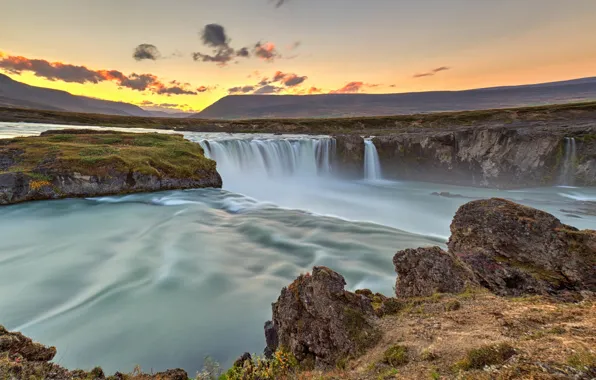 The sky, clouds, sunset, river, rocks, waterfall, Iceland