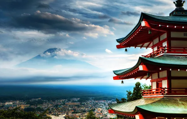 Japan, Fuji, Senso-ji supplied with, pagoda of Senso-JI temple, panorama of the city, Fuji Mountain