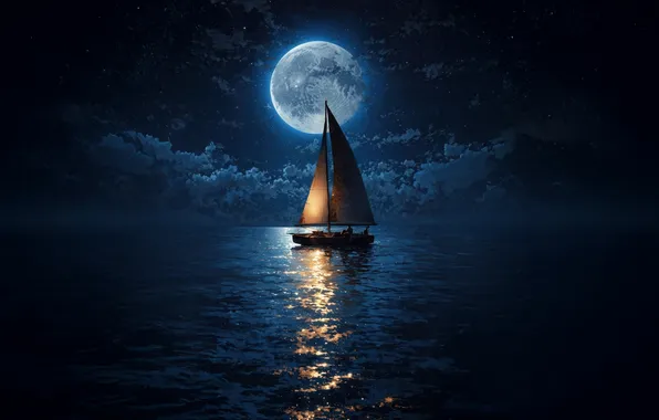 Moon, full, sailboat
