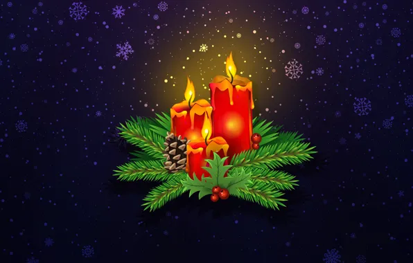 Minimalism, Candles, Snow, Fire, Christmas, Snowflakes, Background, New year
