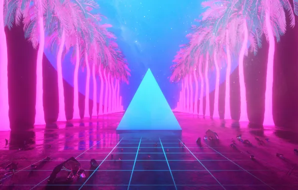 Music, Stars, Neon, Palm trees, Background, Triangle, Electronic, Synthpop