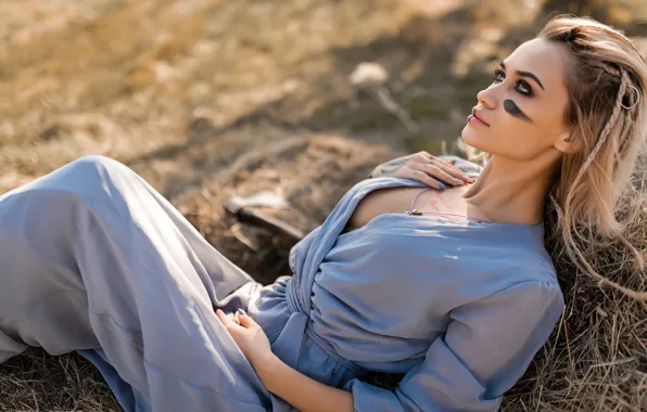 The sun, pose, model, portrait, makeup, dress, hairstyle, blonde