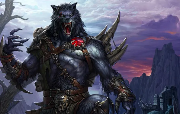 Picture skull, armor, chain, fangs, grin, Werewolf