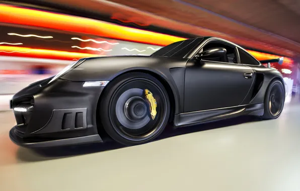 Lights, black, tuning, speed, Porsche, blur, supercar, Techart