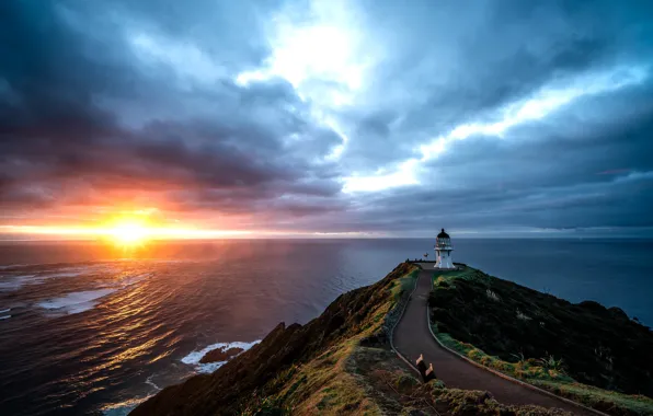 Road, sea, the sky, sunset, the ocean, lighthouse, New Zealand, Pacific Ocean