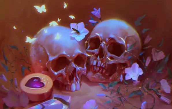 Flowers, glasses, skull, by Pauline Voß