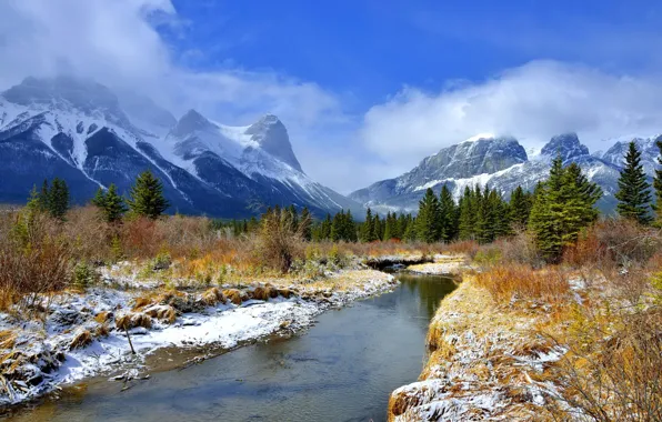 The sky, clouds, snow, trees, mountains, river