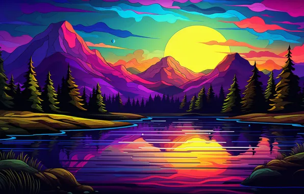 Forest, the sky, the sun, clouds, landscape, mountains, reflection, shore