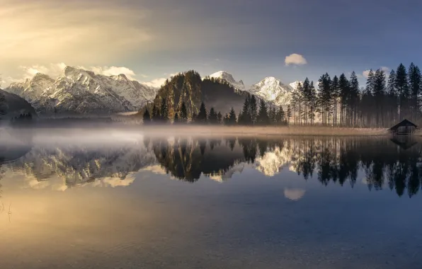 Picture winter, light, snow, mountains, reflection, tops, panorama, pond
