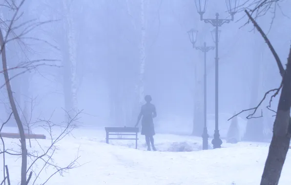 Snow, trees, the city, fog, spring, morning, Russia, Samara