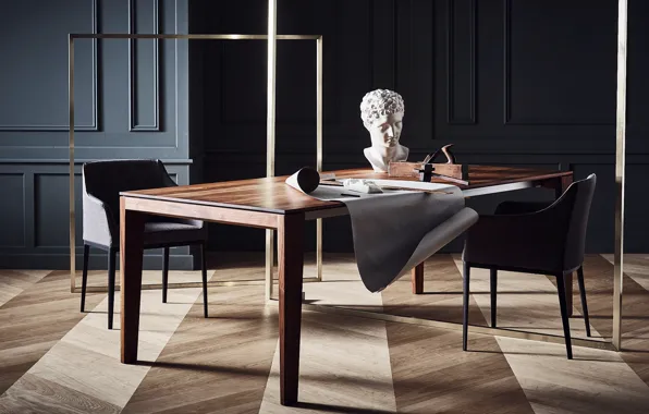 Table, chairs, bust