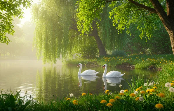 The sky, grass, water, the sun, trees, fog, pond, Wallpaper