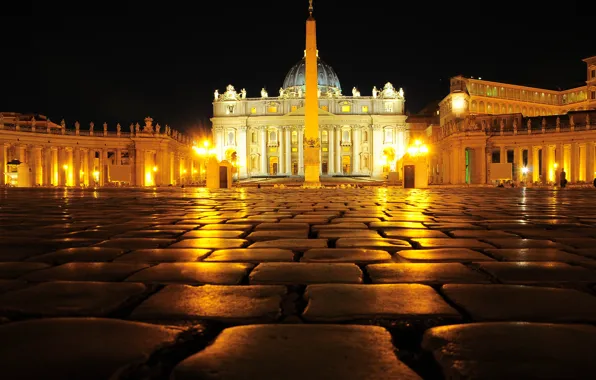 Night, lights, obelisk, The Vatican, St. Peter's Cathedral, St. Peter's square