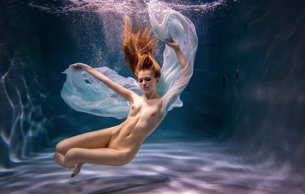 Bubbles, pose, grace, fabric, under water, Sonia, naked girl, red-haired beauty