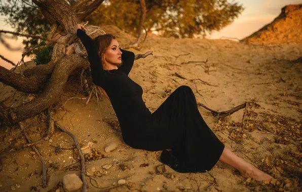 Picture sand, girl, pose, figure, snag, black dress, Diana, Alexander Parkhomenko