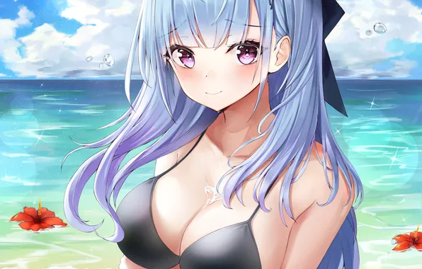 Girl, sexy, wet, cleavage, beach, long hair, sea, boobs