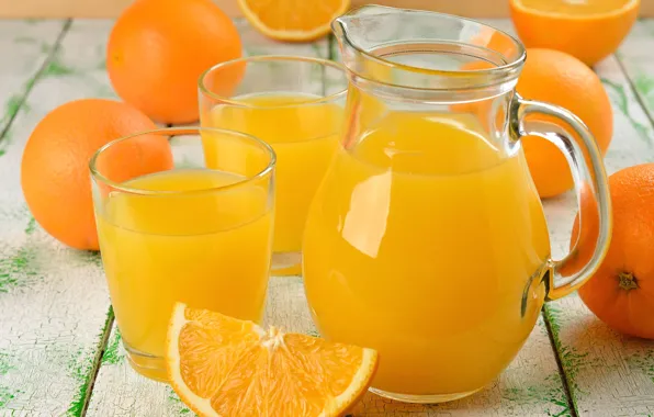 Oranges, glasses, drink, pitcher, orange juice