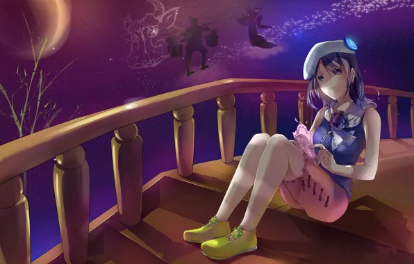 Picture girl, night, ladder, art, hmniao, Invitation