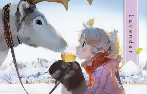Winter, snow, bird, tea, deer, scarf, art, girl